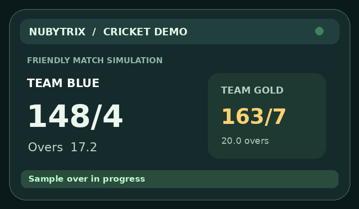 Animated example scorecard showing fictional cricket teams and simulated runs